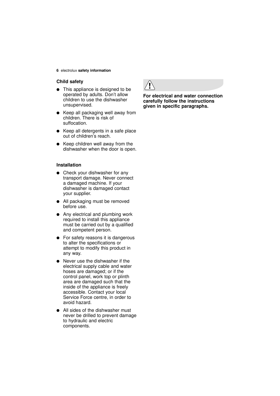 Electrolux ESF 68010 user manual Child safety, Installation 