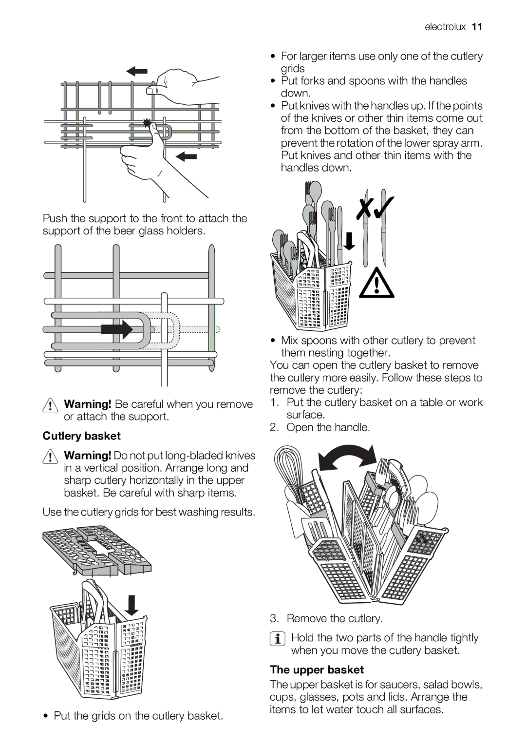 Electrolux ESF 68040 user manual Cutlery basket, Put the grids on the cutlery basket, Upper basket 