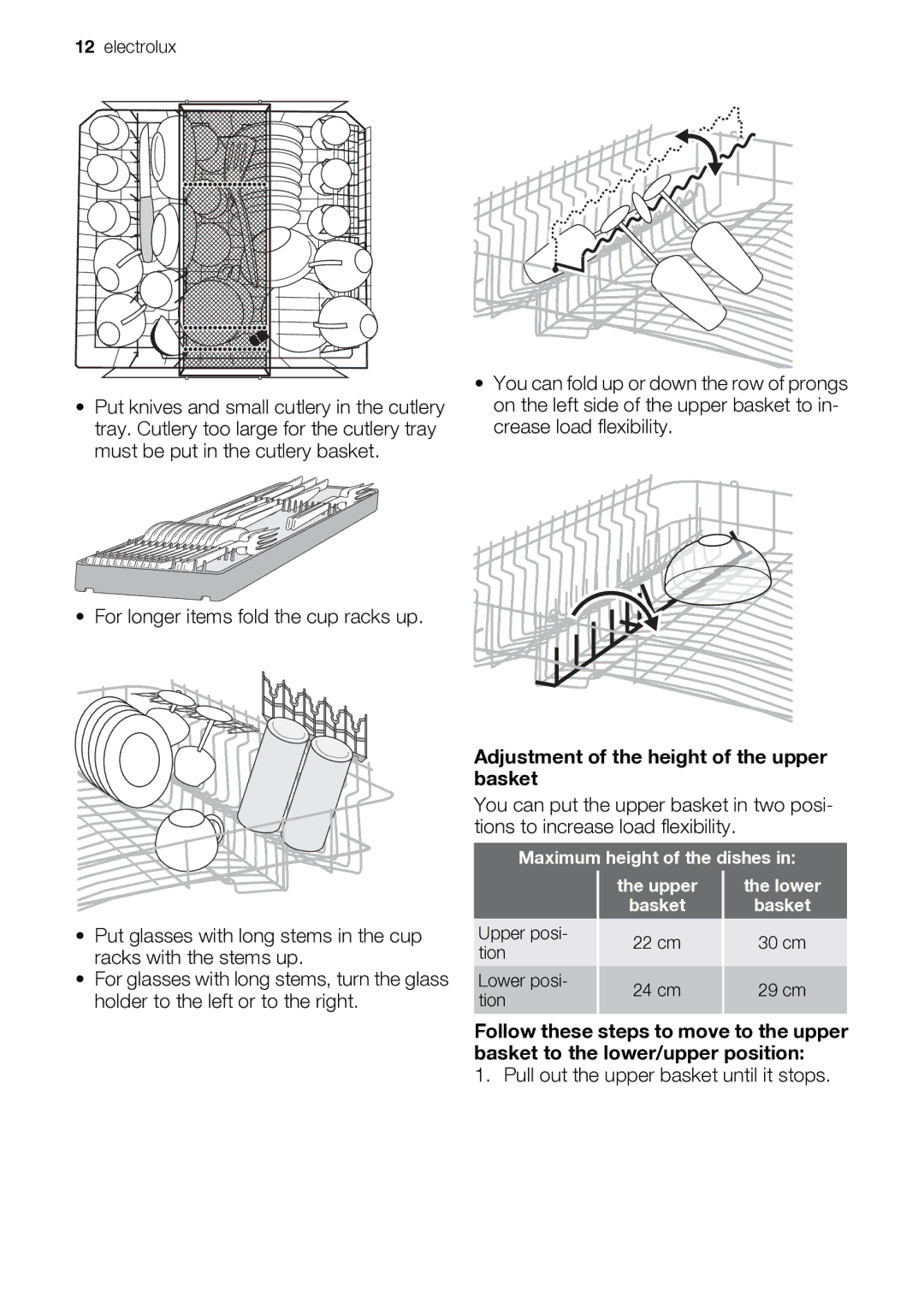 Electrolux ESF 68040 Adjustment of the height of the upper basket, Pull out the upper basket until it stops, Upper Basket 