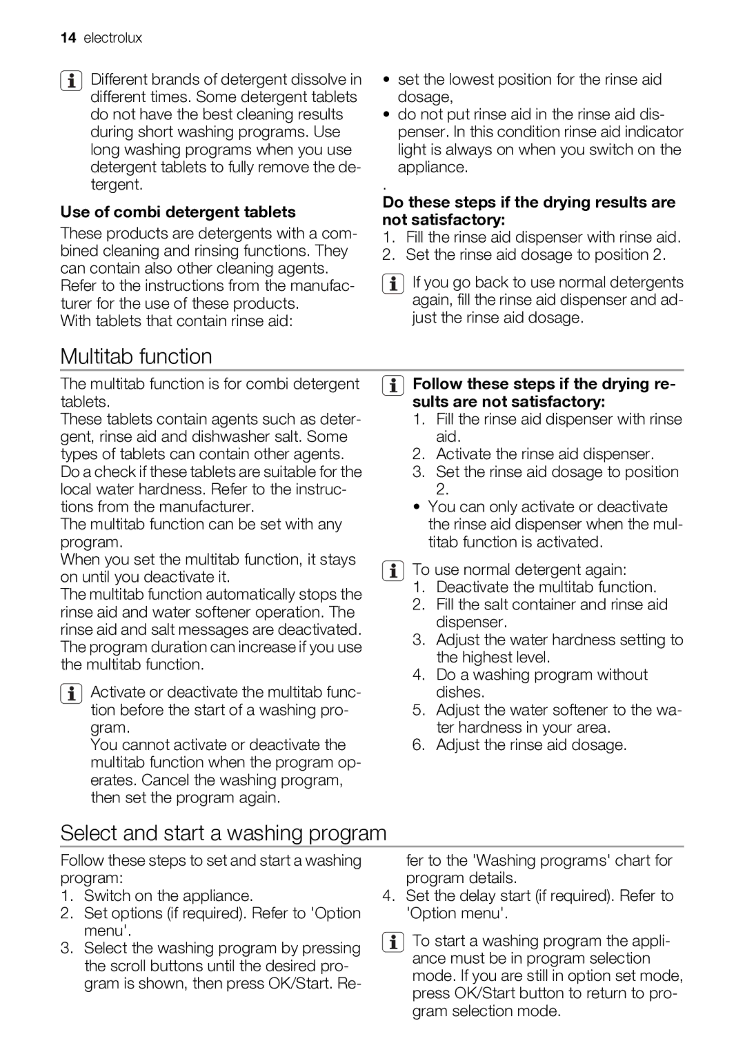 Electrolux ESF 68040 user manual Multitab function, Select and start a washing program, Use of combi detergent tablets 