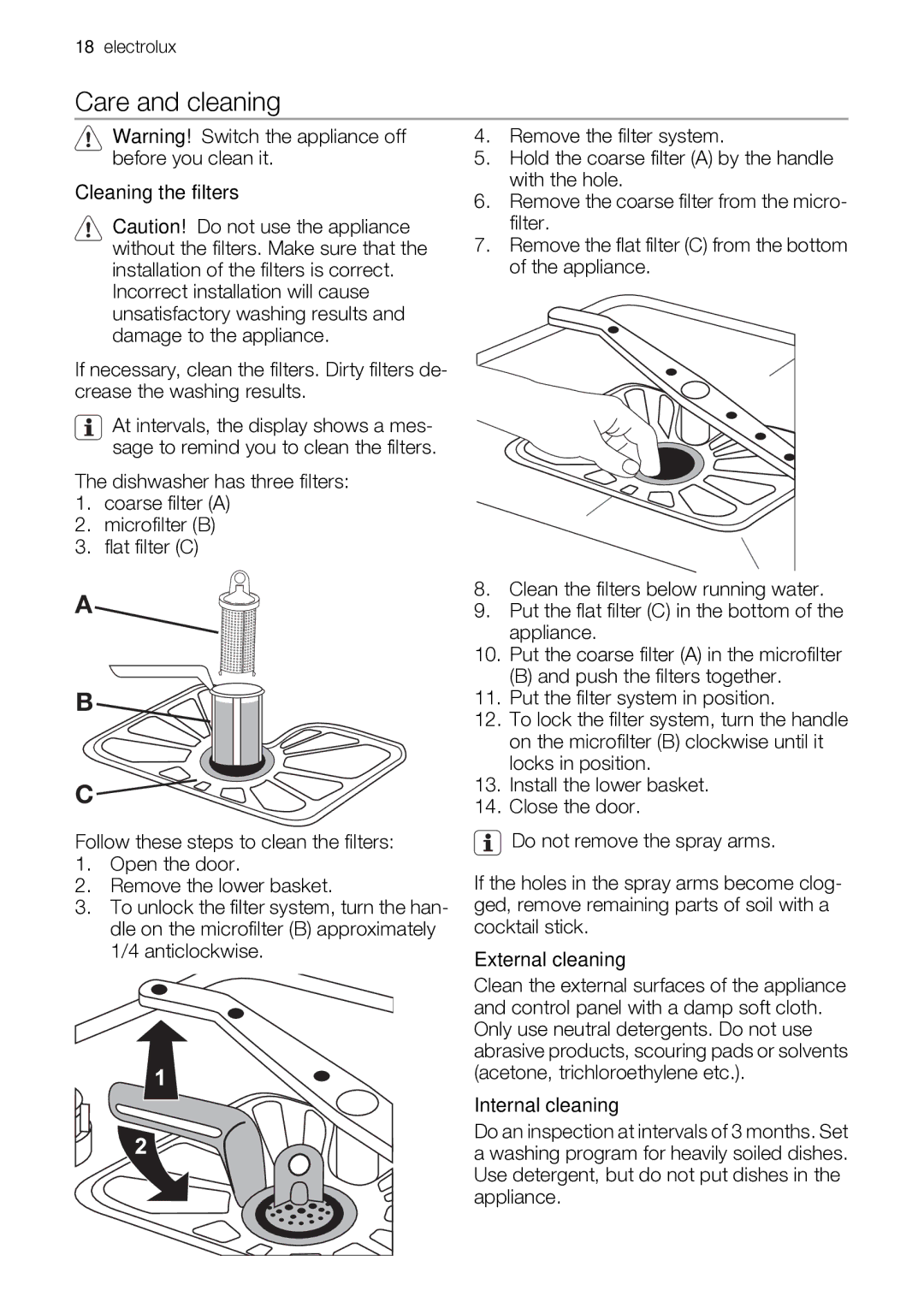 Electrolux ESF 68040 user manual Care and cleaning, Cleaning the filters, External cleaning, Internal cleaning 