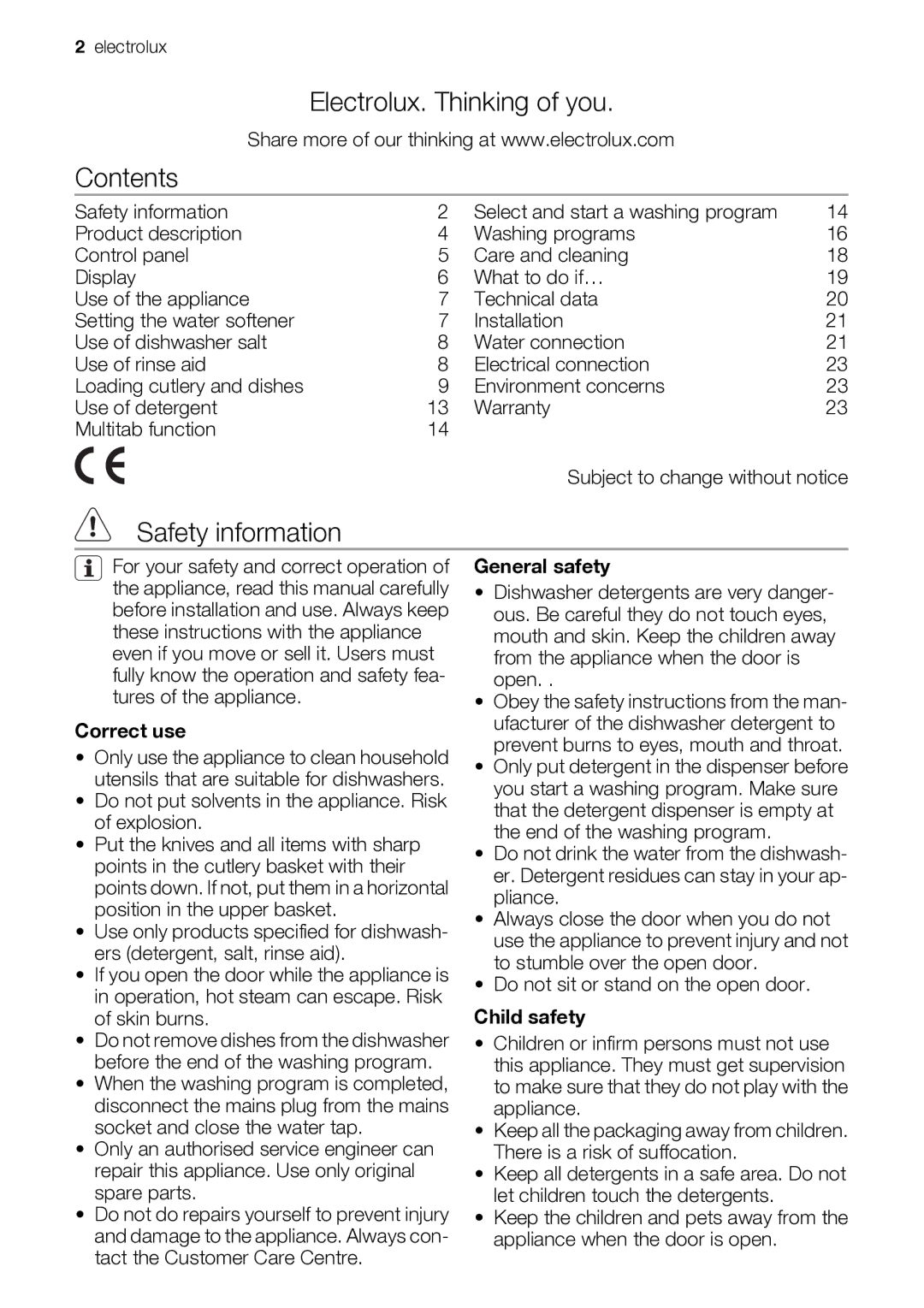 Electrolux ESF 68040 user manual Electrolux. Thinking of you Contents, Safety information 