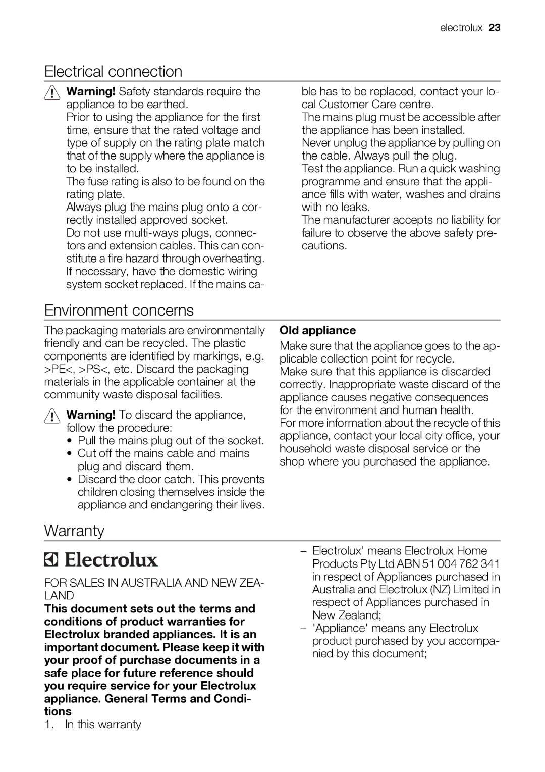 Electrolux ESF 68040 user manual Electrical connection, Environment concerns, Warranty, Old appliance 