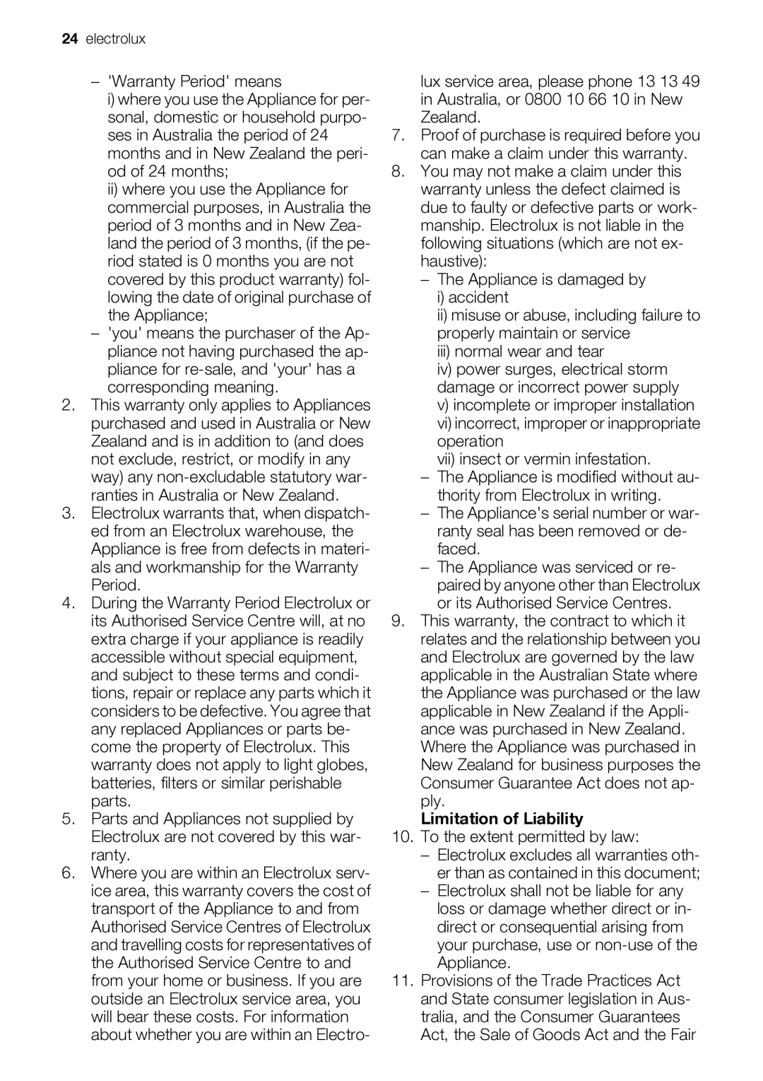 Electrolux ESF 68040 user manual Limitation of Liability, To the extent permitted by law 