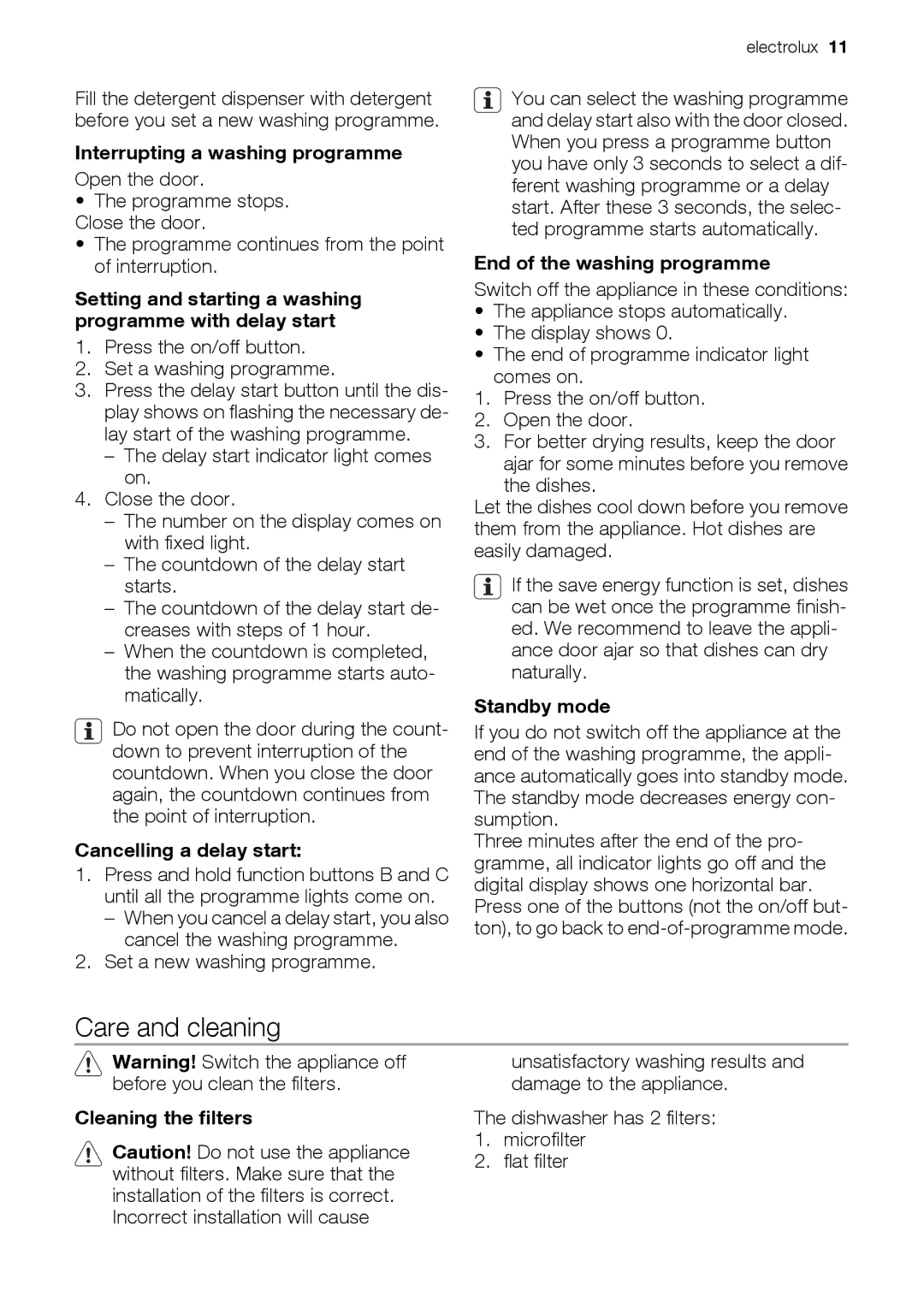 Electrolux ESF2450 user manual Care and cleaning 