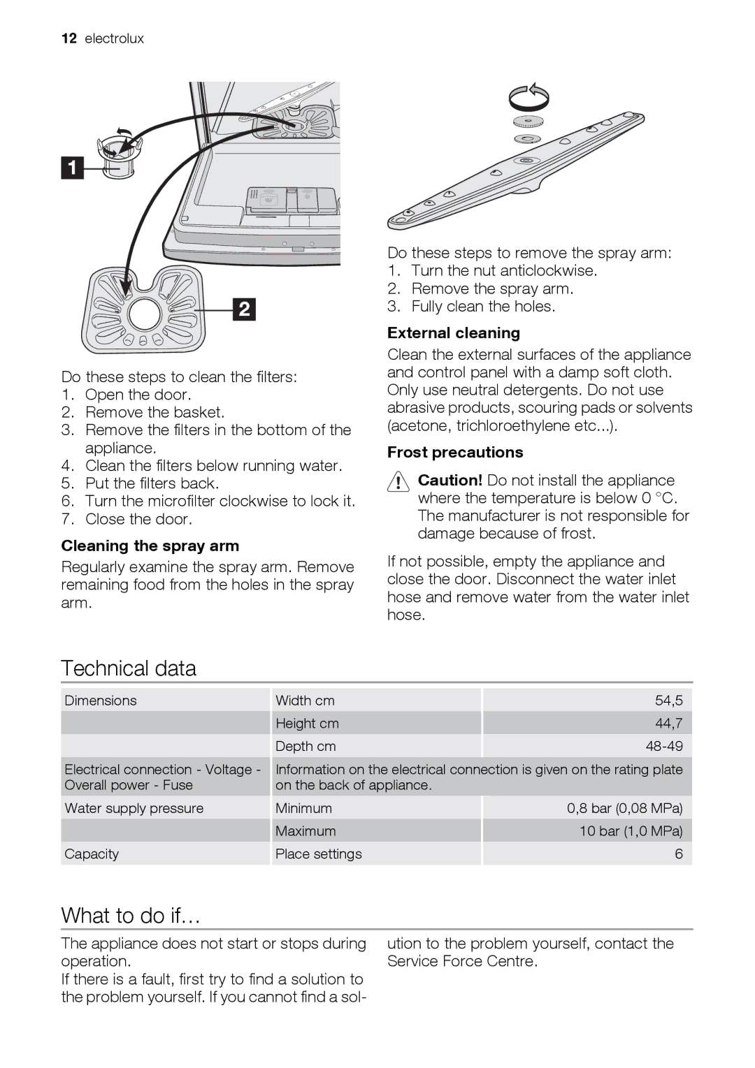 Electrolux ESF2450 user manual Technical data, What to do if…, Cleaning the spray arm, External cleaning, Frost precautions 