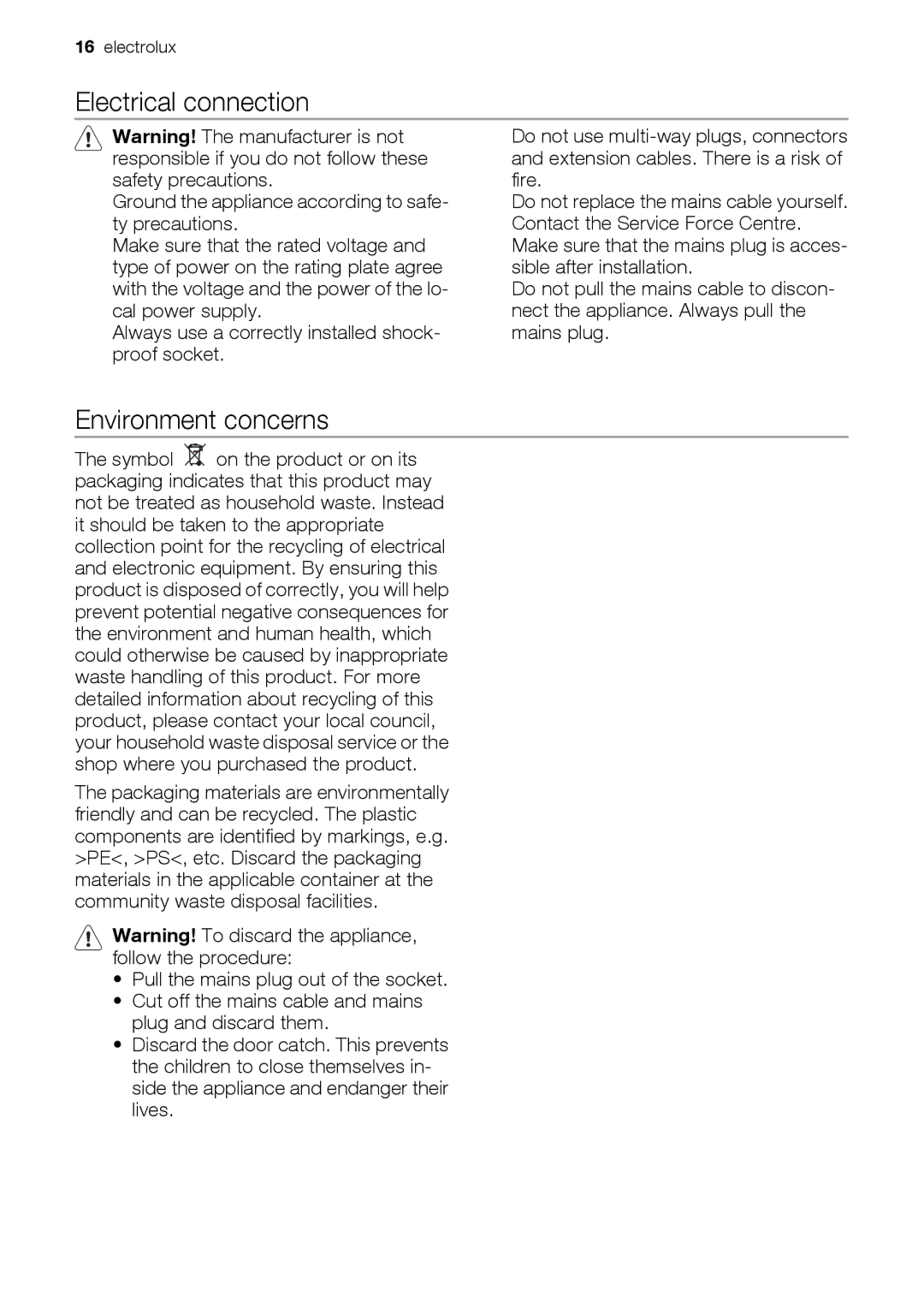 Electrolux ESF2450 user manual Electrical connection, Environment concerns 