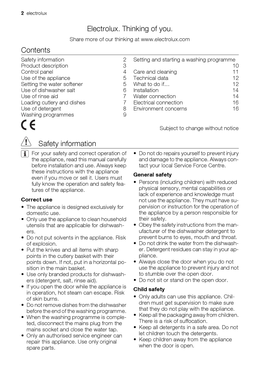 Electrolux ESF2450 user manual Electrolux. Thinking of you Contents, Safety information 