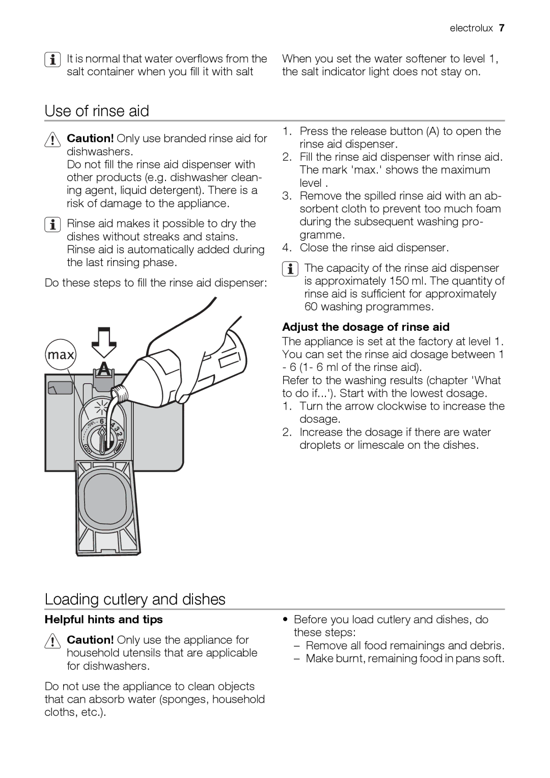 Electrolux ESF2450 Use of rinse aid, Loading cutlery and dishes, Adjust the dosage of rinse aid, Helpful hints and tips 