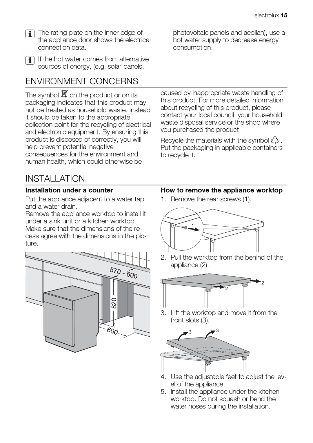 Electrolux ESF63012 user manual Environment Concerns, Installation under a counter, How to remove the appliance worktop 