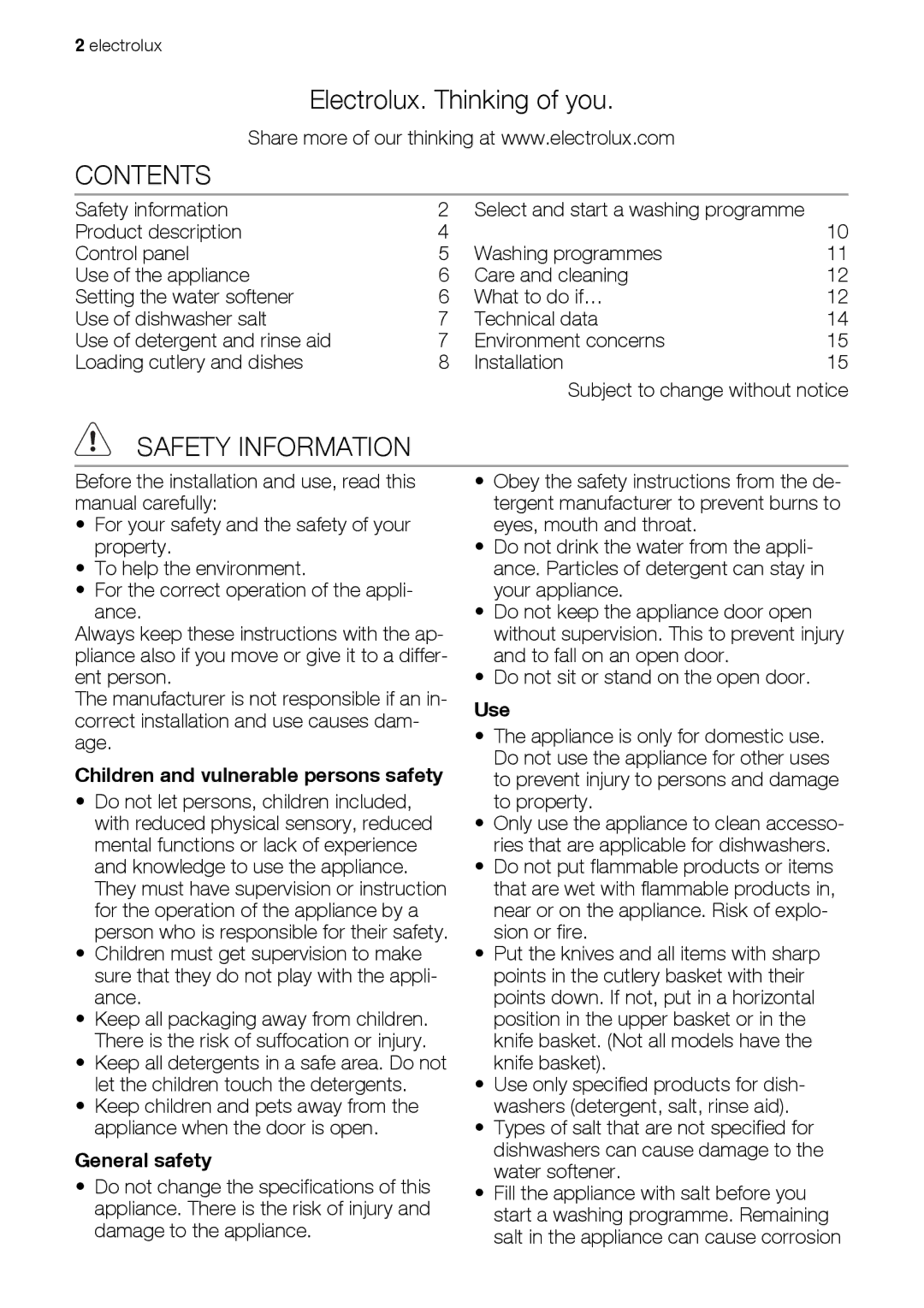 Electrolux ESF63012 user manual Contents, Safety Information 