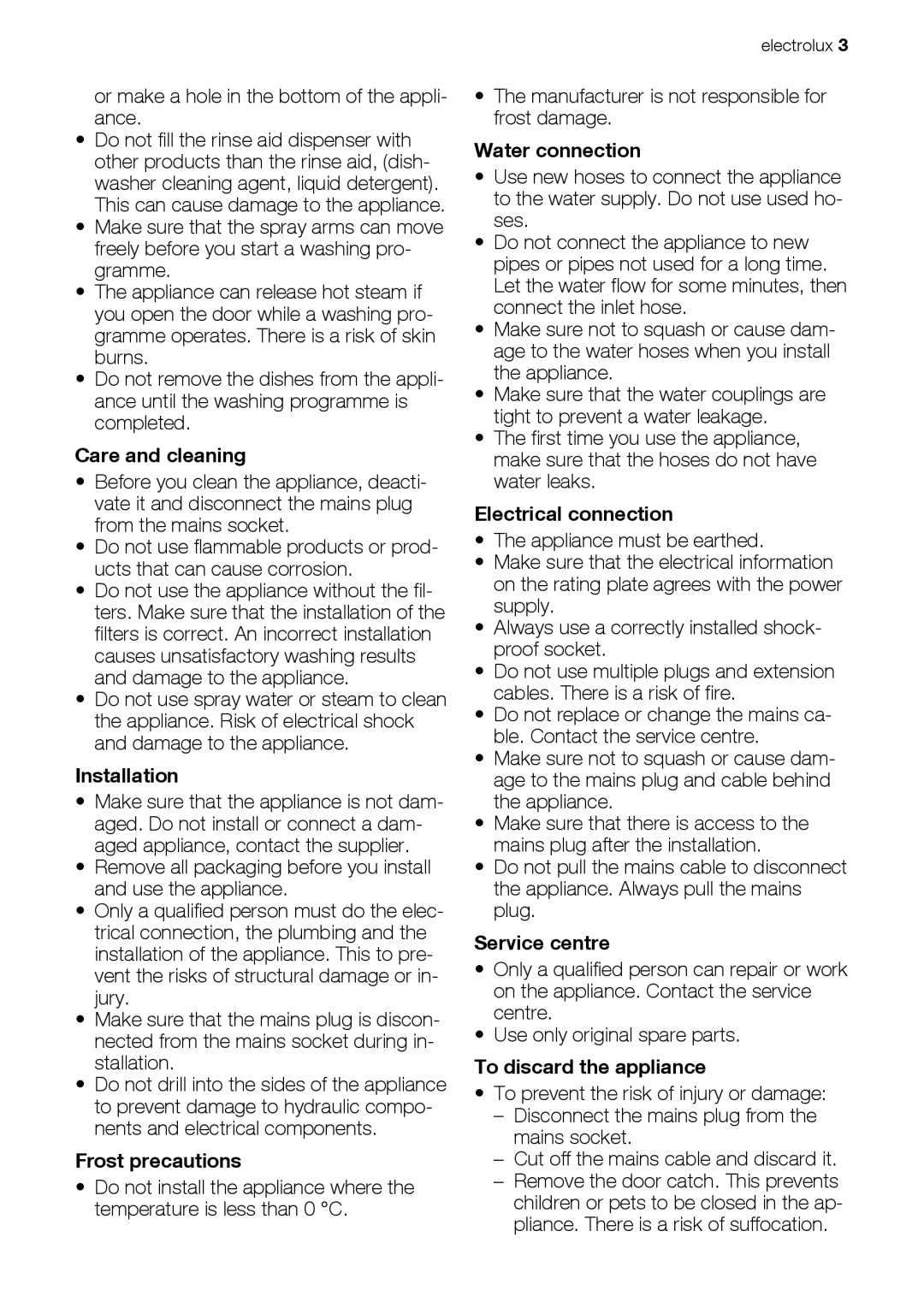 Electrolux ESF63012 user manual Care and cleaning, Installation, Frost precautions, Water connection, Electrical connection 