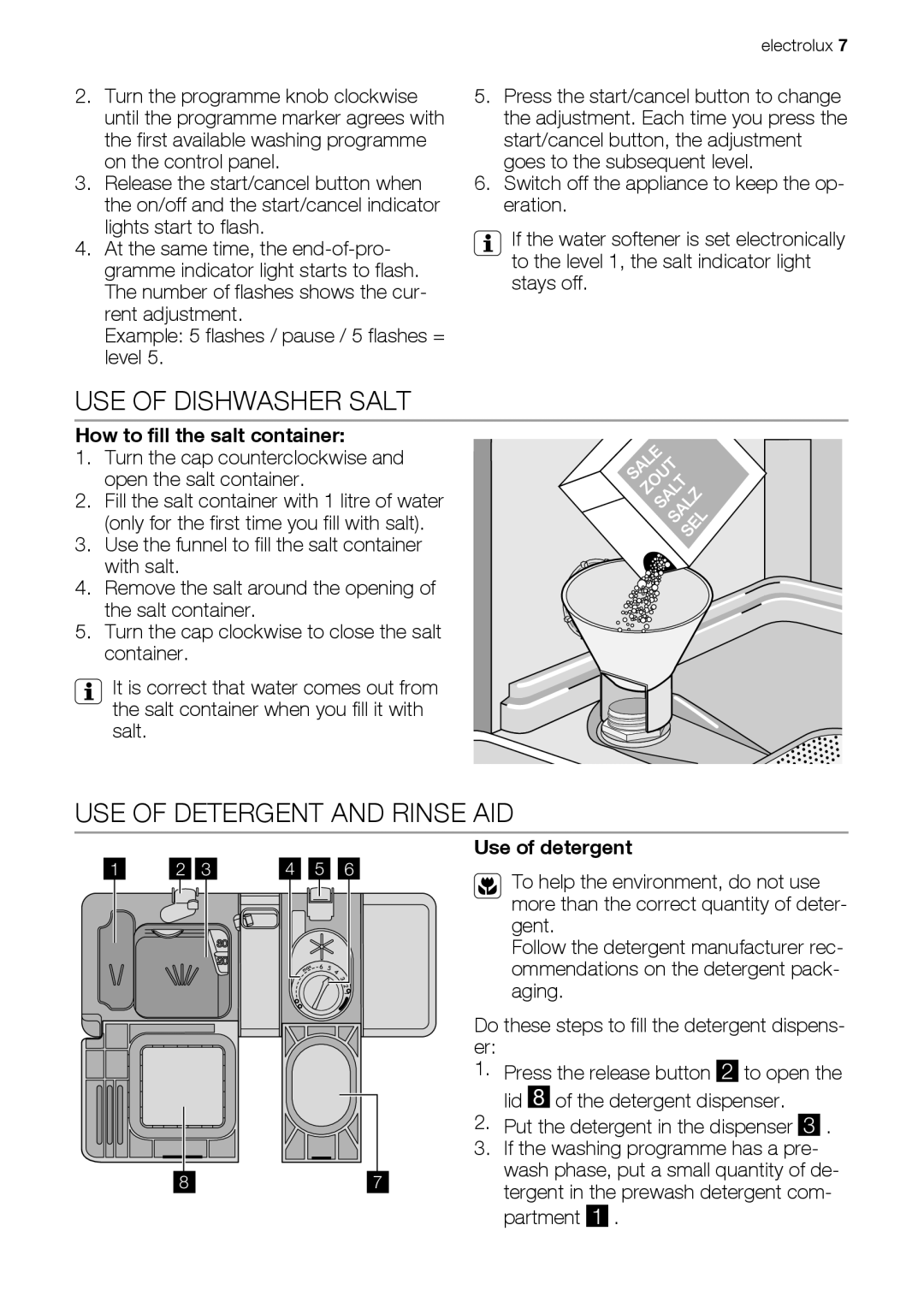 Electrolux ESF63012 user manual USE of Dishwasher Salt, USE of Detergent and Rinse AID, How to fill the salt container 