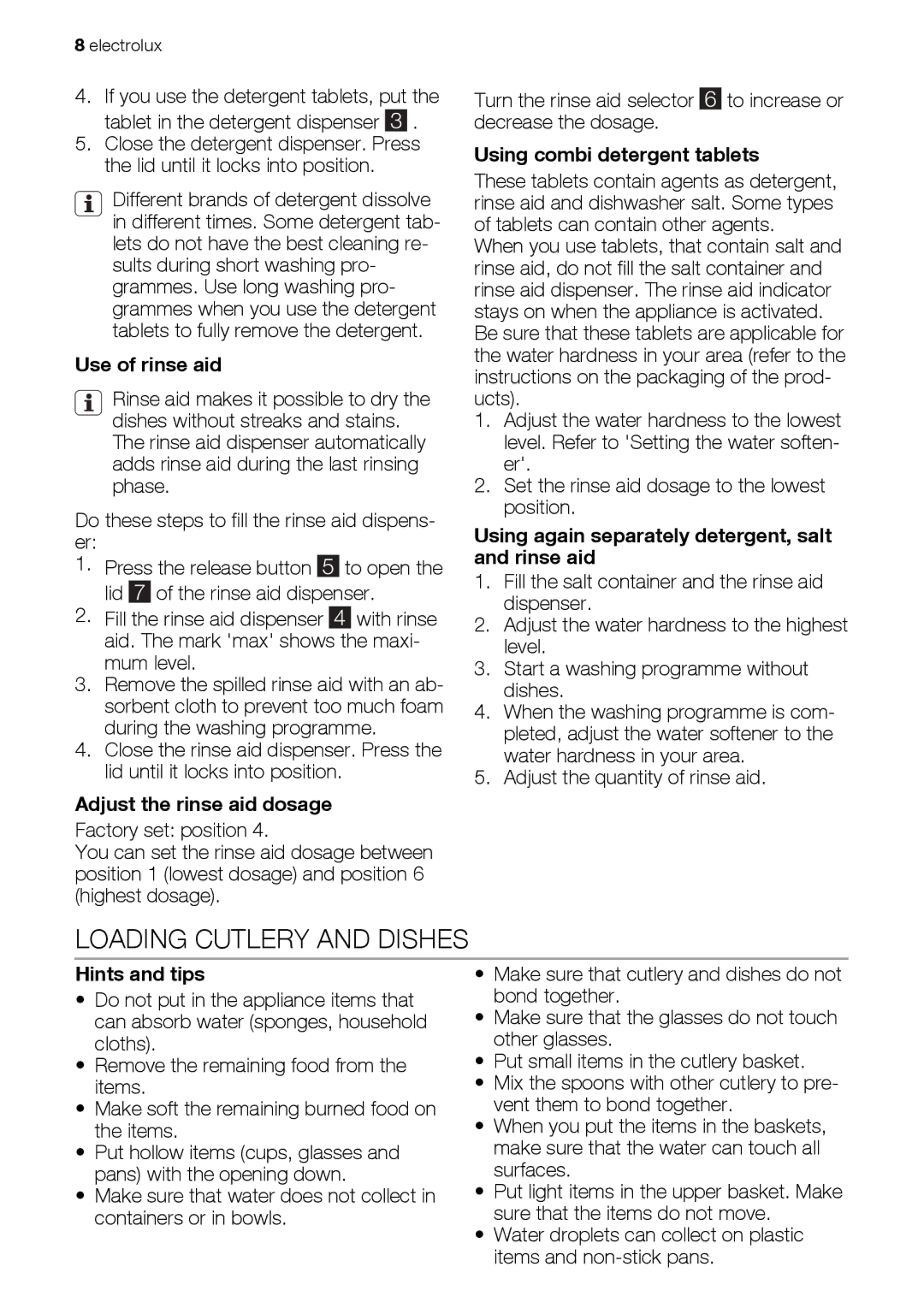 Electrolux ESF63012 user manual Loading Cutlery and Dishes 