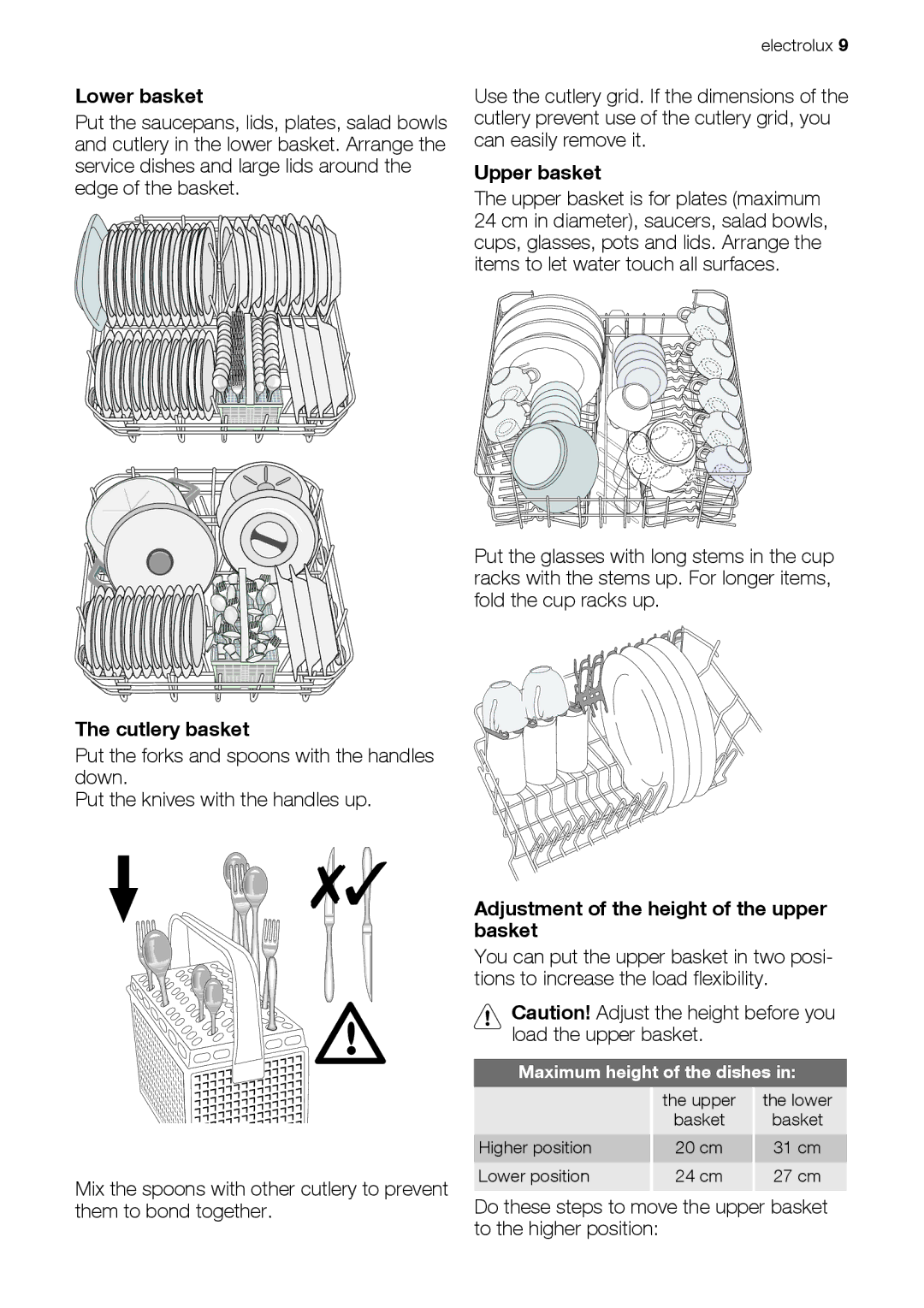 Electrolux ESF63012 user manual Lower basket, Upper basket, Cutlery basket, Adjustment of the height of the upper basket 