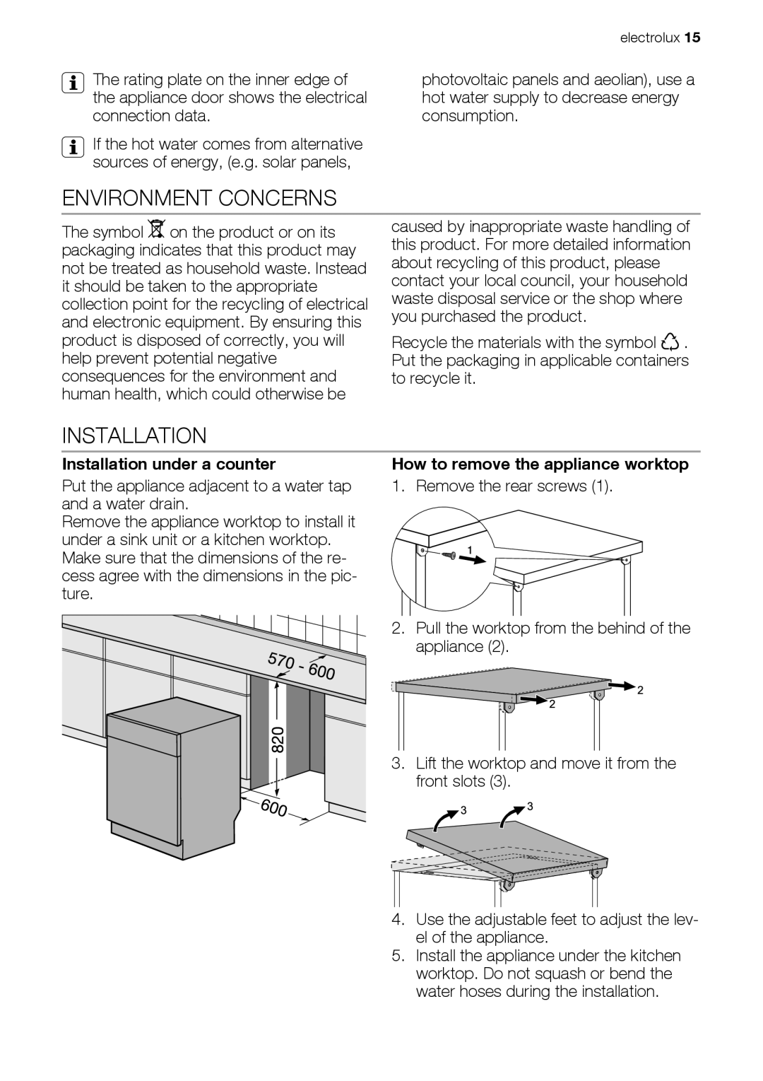 Electrolux ESF63012 user manual Environment Concerns, Installation under a counter, How to remove the appliance worktop 