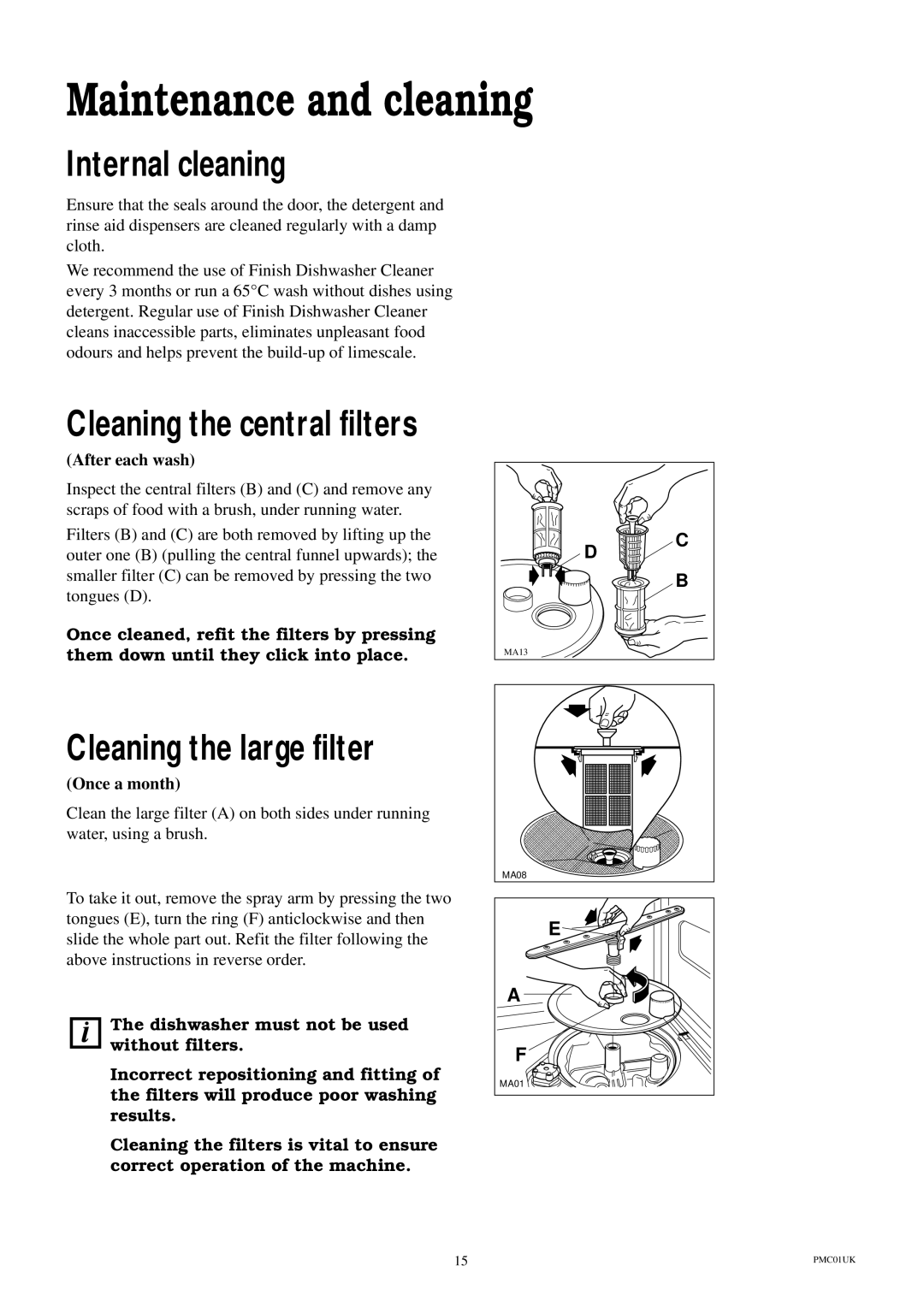 Electrolux ESI 600 Maintenance and cleaning, Internal cleaning, Cleaning the large filter, After each wash, Once a month 