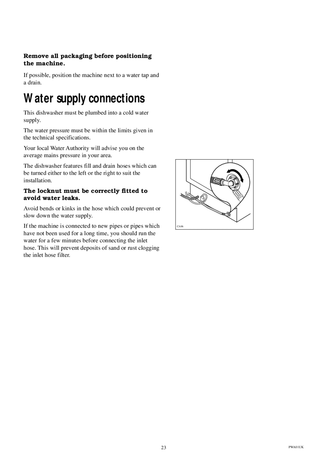 Electrolux ESI 600 manual Water supply connections, Remove all packaging before positioning the machine 