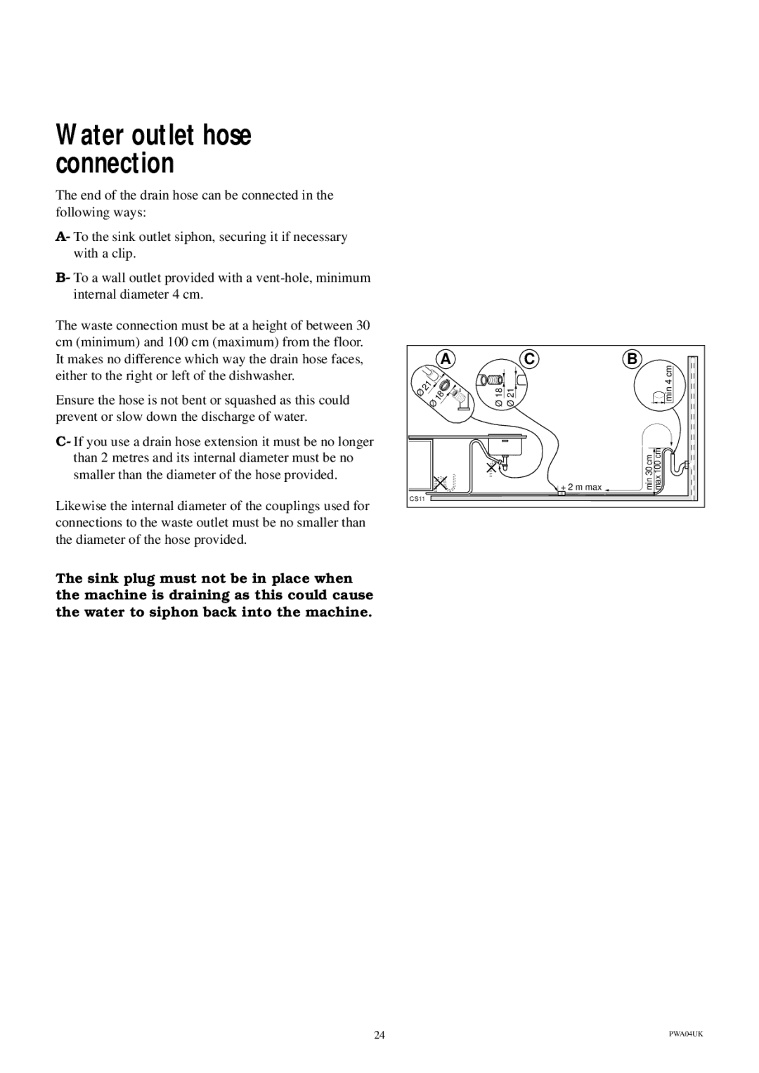 Electrolux ESI 600 manual Water outlet hose connection 