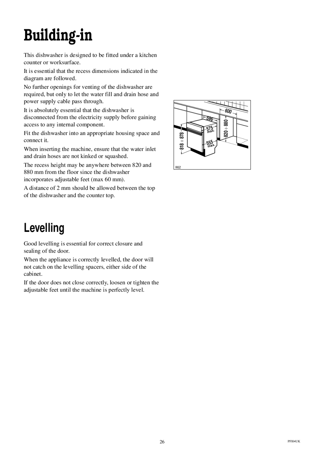 Electrolux ESI 600 manual Building-in, Levelling 