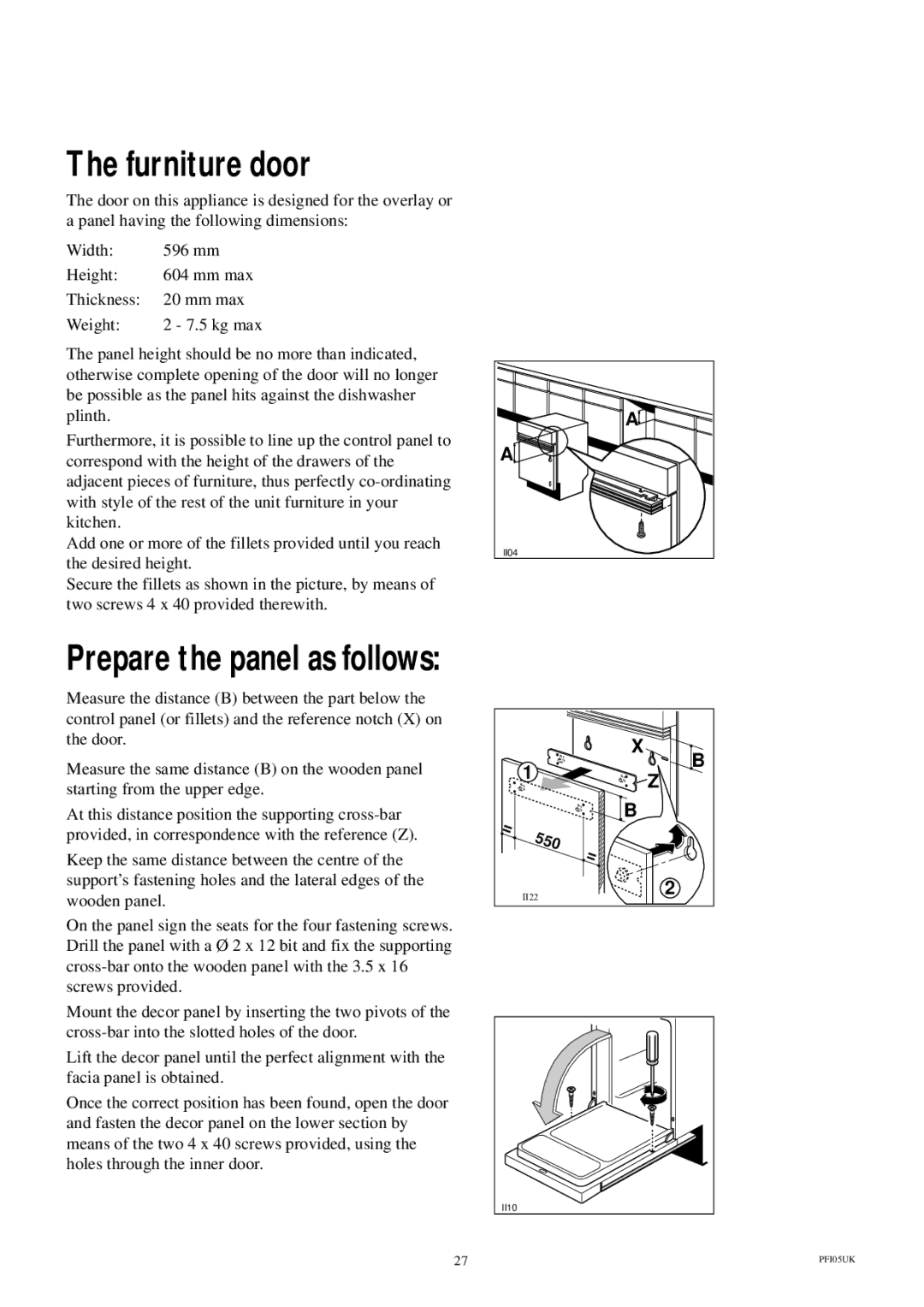 Electrolux ESI 600 manual Furniture door, Prepare the panel as follows 