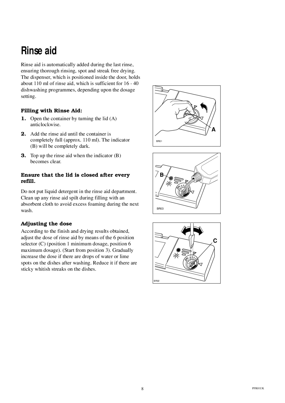 Electrolux ESI 600 Rinse aid, Filling with Rinse Aid, Ensure that the lid is closed after every refill, Adjusting the dose 