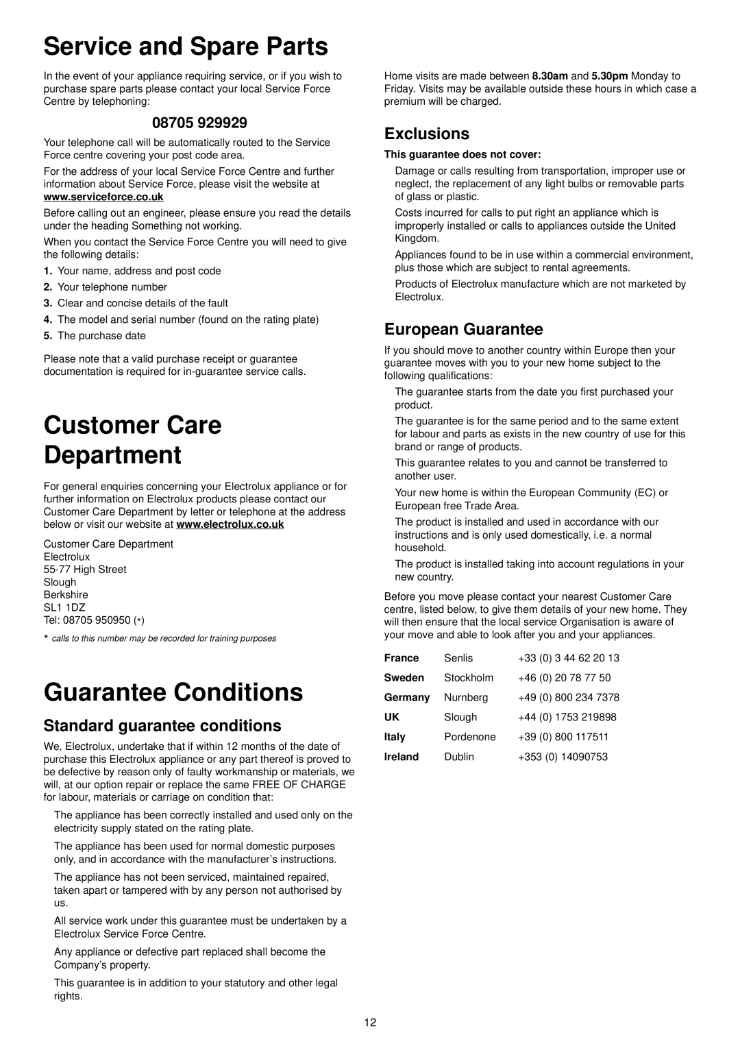 Electrolux ESI 602 manual Service and Spare Parts, Customer Care Department, Guarantee Conditions 