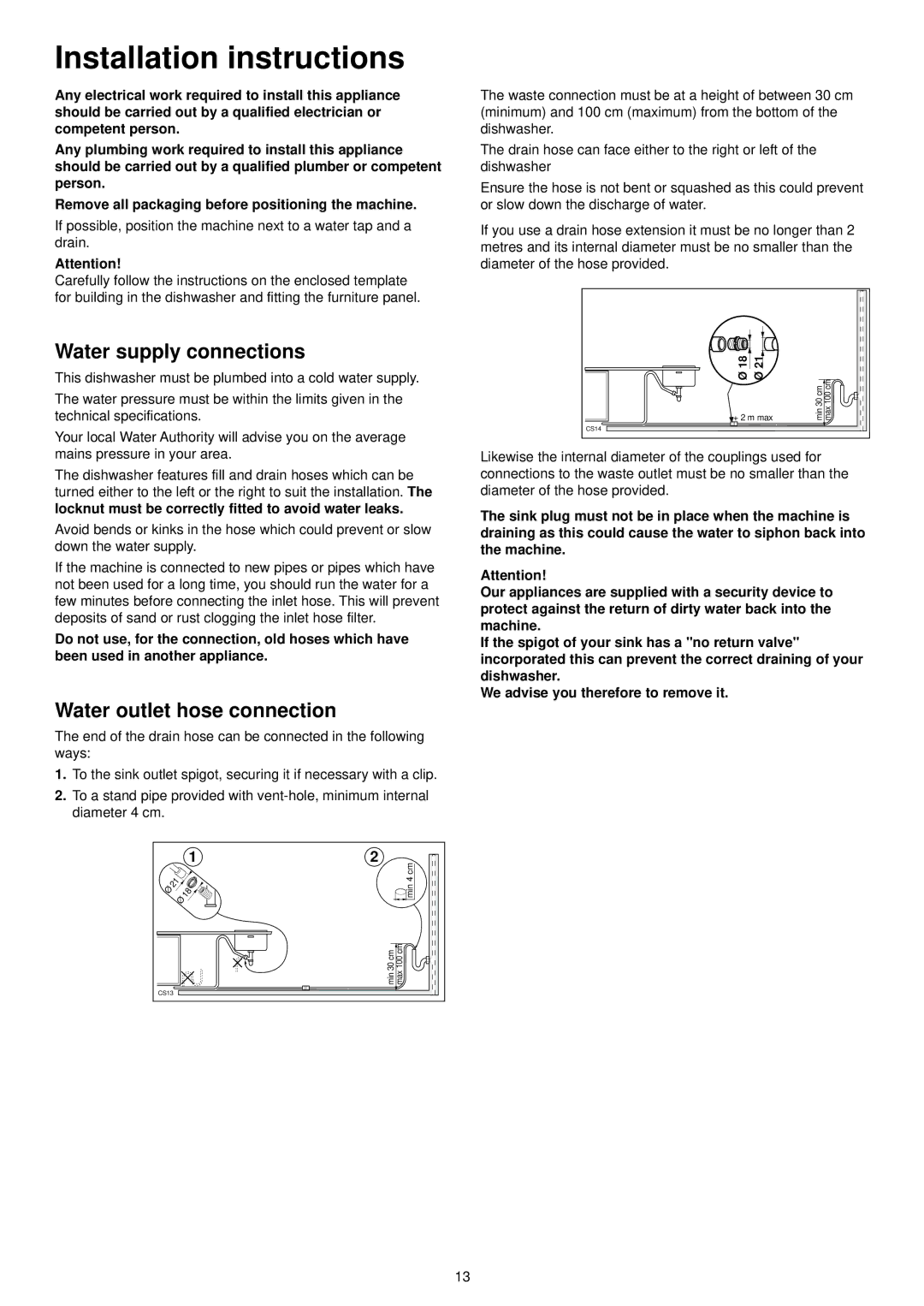 Electrolux ESI 602 manual Installation instructions, Water supply connections, Water outlet hose connection 