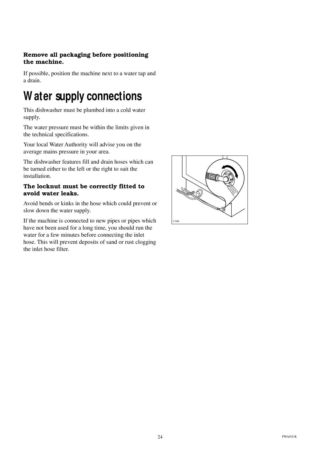 Electrolux ESI 604 manual Water supply connections, Remove all packaging before positioning the machine 