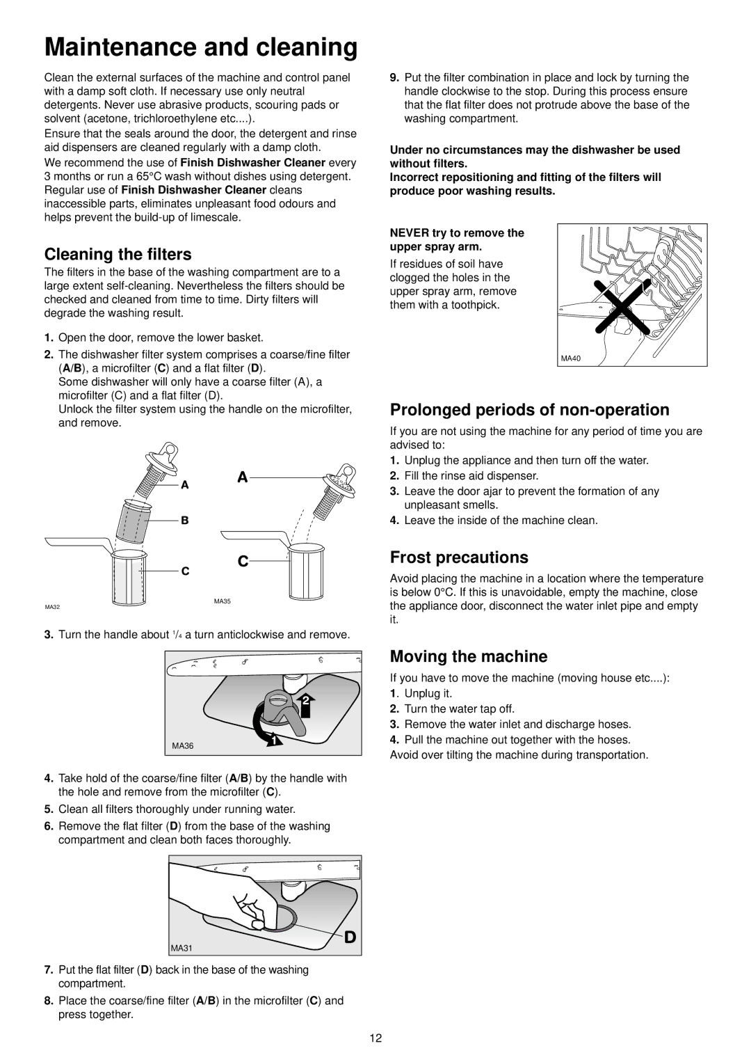 Electrolux ESI 6104 Maintenance and cleaning, Cleaning the filters, Prolonged periods of non-operation, Frost precautions 