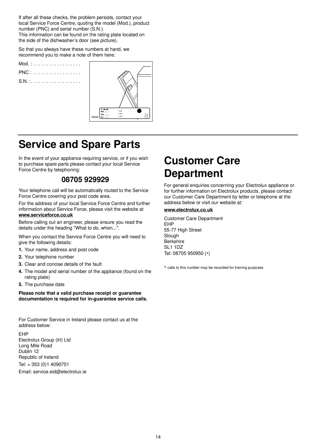 Electrolux ESI 6104 manual Service and Spare Parts, Customer Care Department 