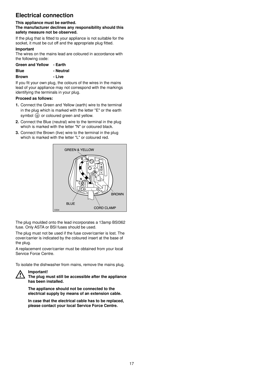 Electrolux ESI 6104 manual Electrical connection, Green and Yellow Earth Blue- Neutral Brown- Live, Proceed as follows 