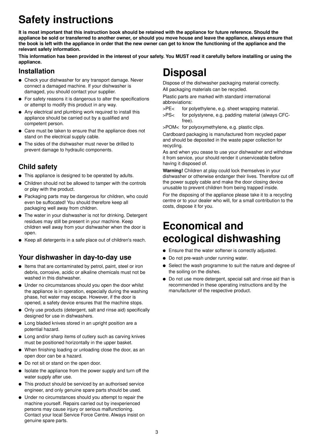 Electrolux ESI 6104 manual Safety instructions, Disposal, Installation, Child safety, Your dishwasher in day-to-day use 