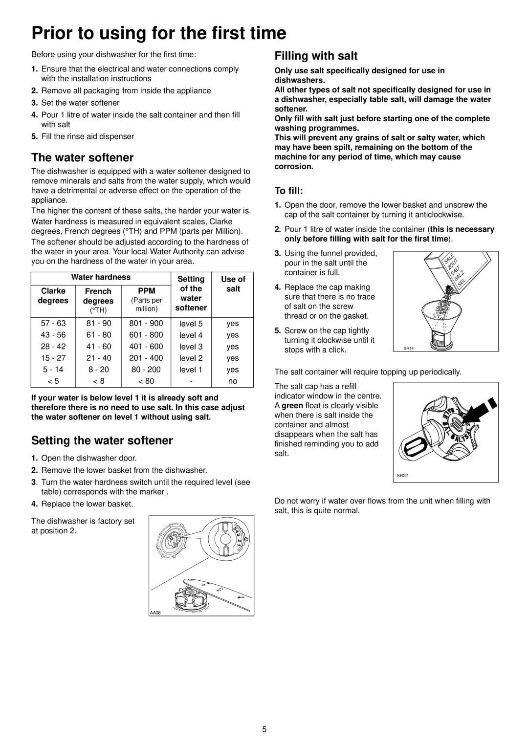 Electrolux ESI 6104 manual Prior to using for the first time, Water softener, Filling with salt, Setting the water softener 