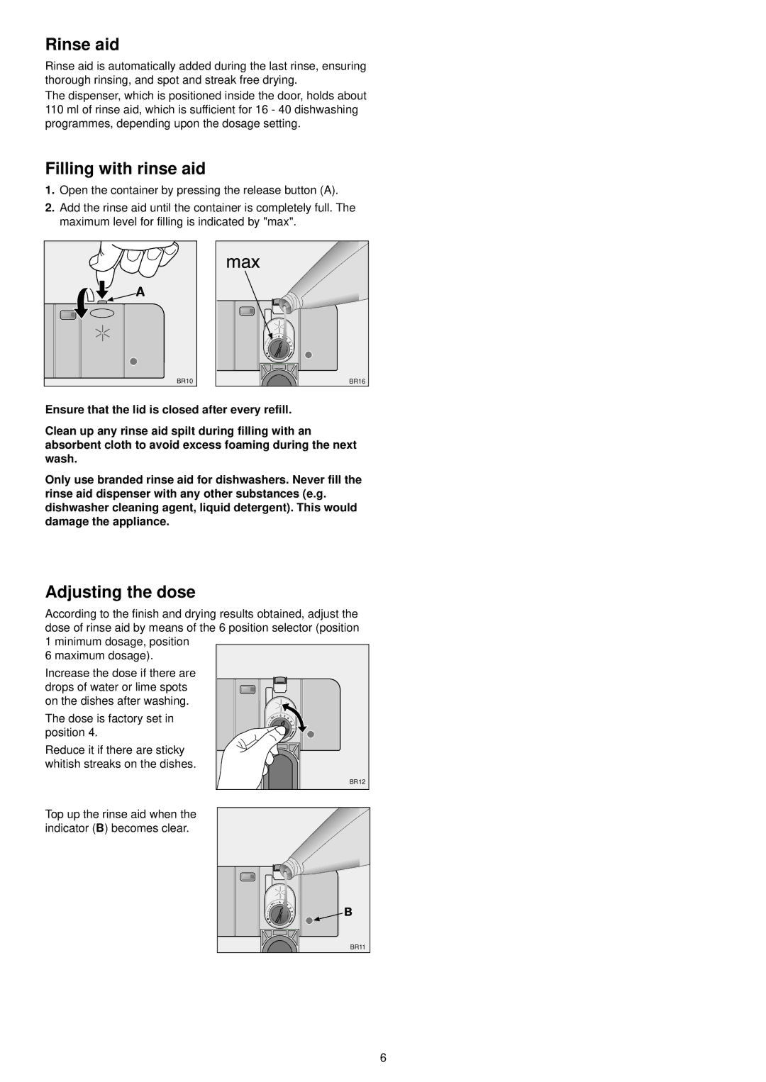 Electrolux ESI 6104 manual Rinse aid, Filling with rinse aid, Adjusting the dose 