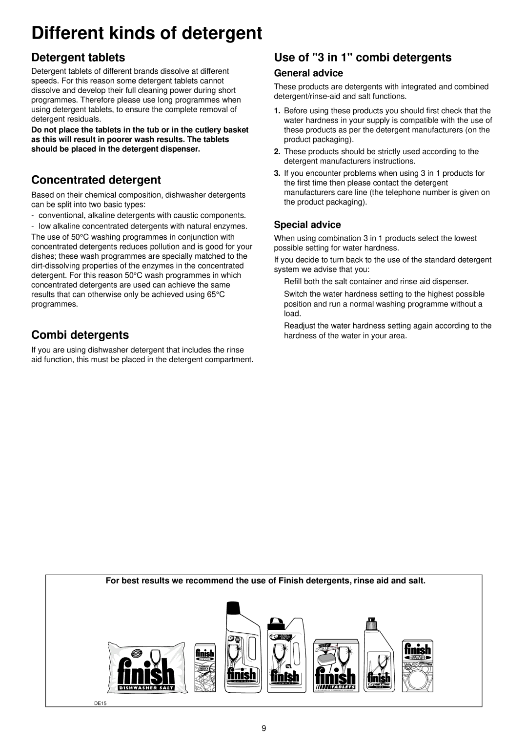 Electrolux ESI 6104 manual Different kinds of detergent, Detergent tablets, Concentrated detergent, Combi detergents 