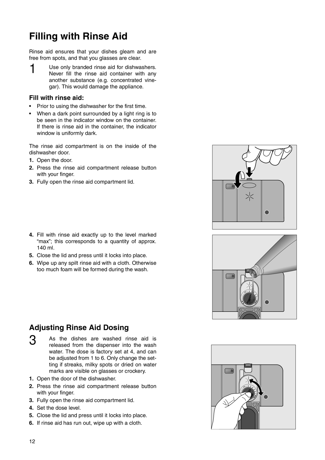 Electrolux ESI 6220 manual Filling with Rinse Aid, Adjusting Rinse Aid Dosing, Fill with rinse aid 