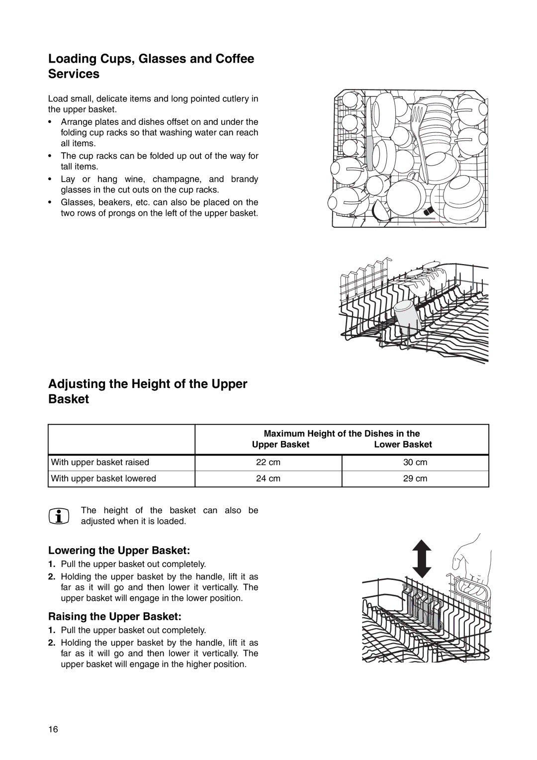 Electrolux ESI 6220 manual Loading Cups, Glasses and Coffee Services, Adjusting the Height of the Upper Basket 