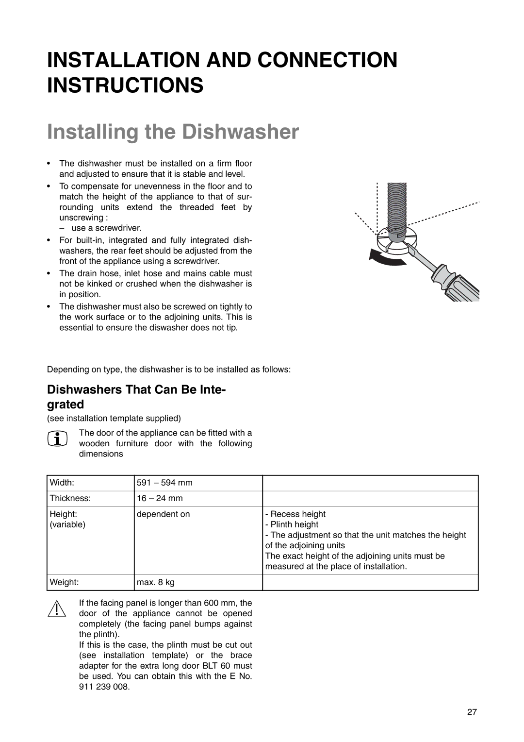 Electrolux ESI 6220 manual Installing the Dishwasher, Dishwashers That Can Be Inte- grated 