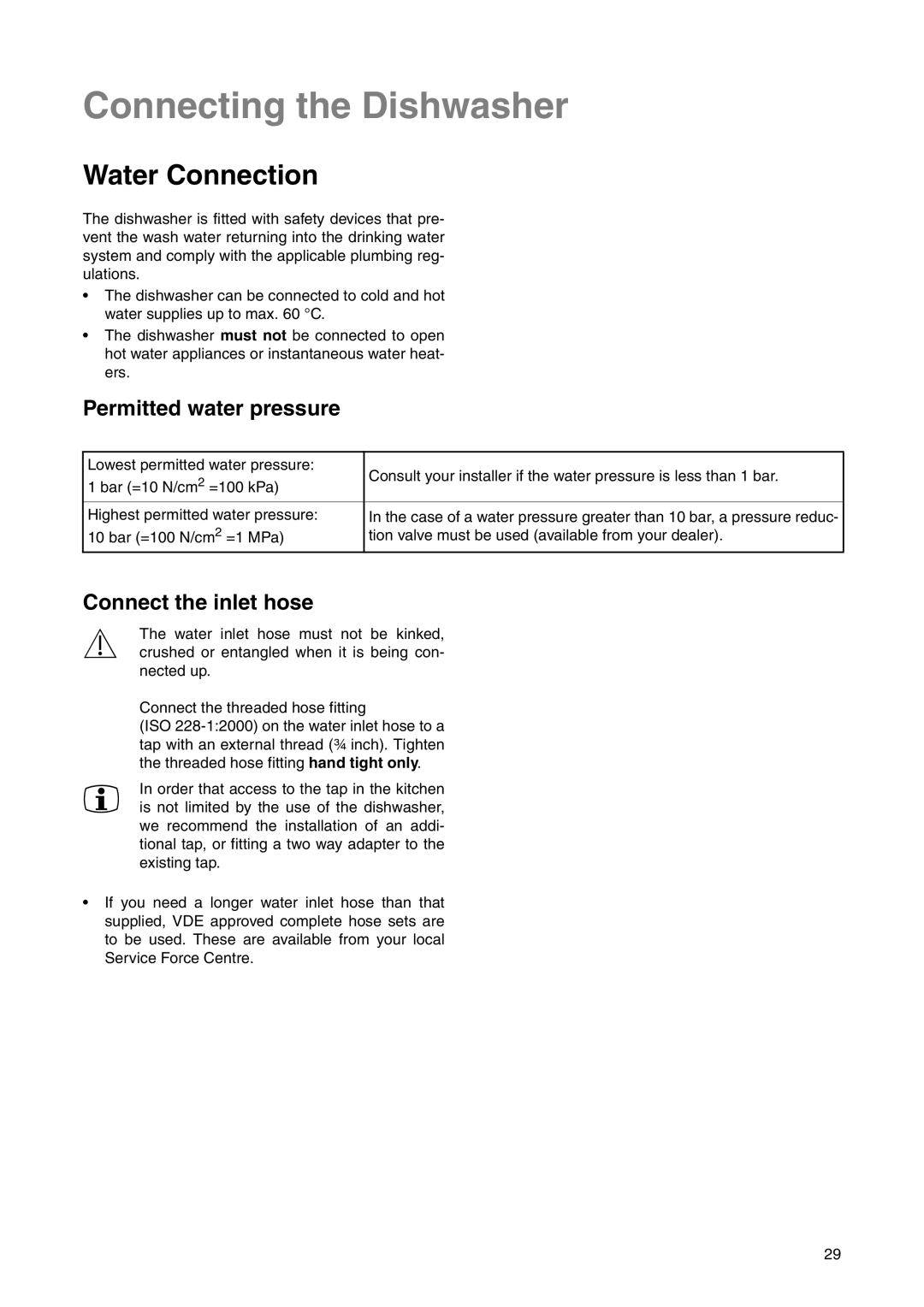 Electrolux ESI 6220 manual Connecting the Dishwasher, Water Connection, Permitted water pressure, Connect the inlet hose 