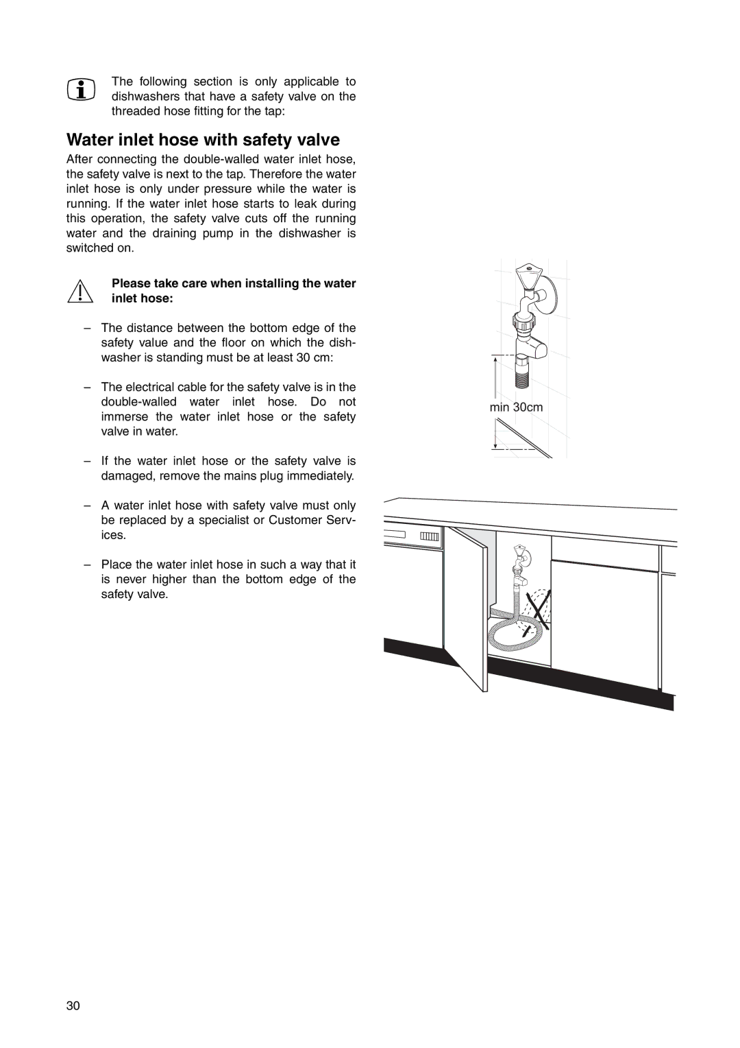 Electrolux ESI 6220 manual Water inlet hose with safety valve, Please take care when installing the water inlet hose 