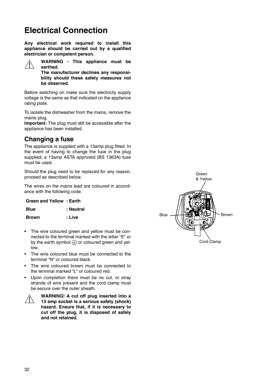 Electrolux ESI 6220 manual Electrical Connection, Changing a fuse, Green and Yellow Earth Blue Neutral Brown Live 