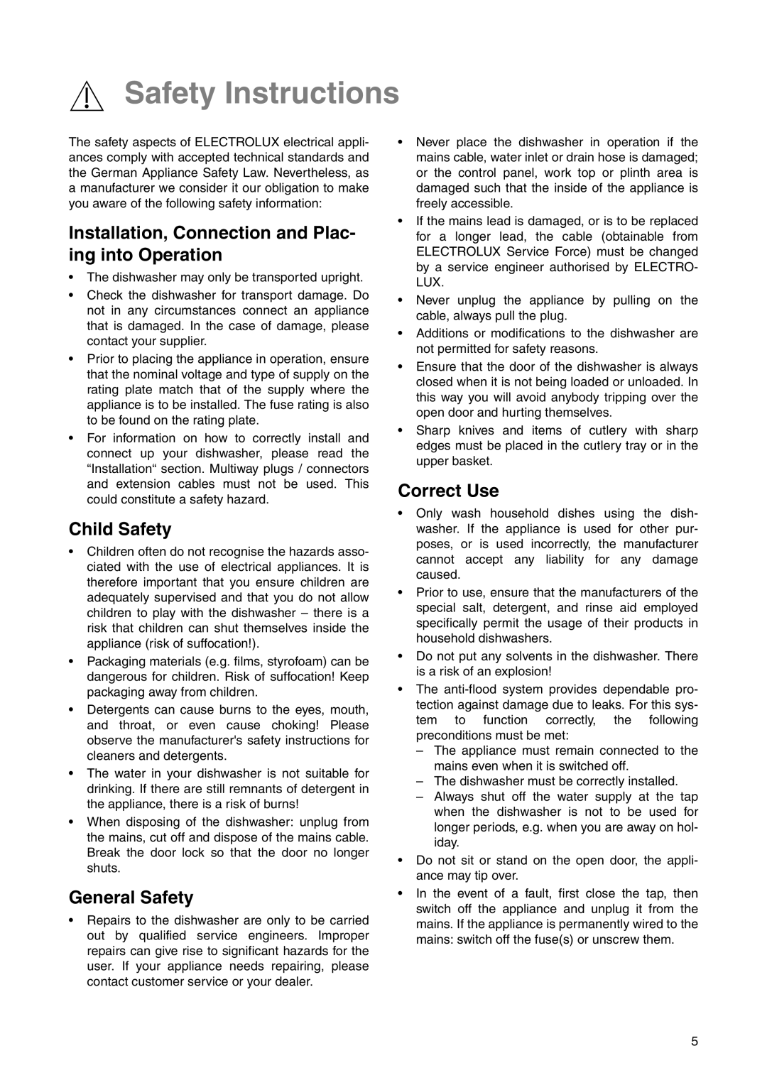 Electrolux ESI 6220 Safety Instructions, Installation, Connection and Plac- ing into Operation, Child Safety, Correct Use 