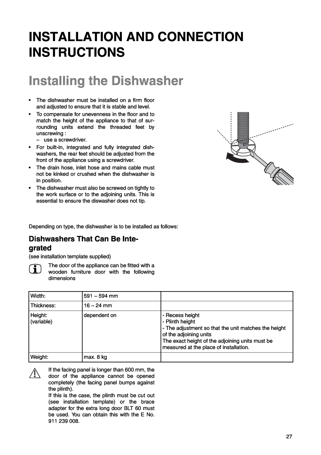 Electrolux ESI 6220 manual Installation And Connection Instructions, Installing the Dishwasher 