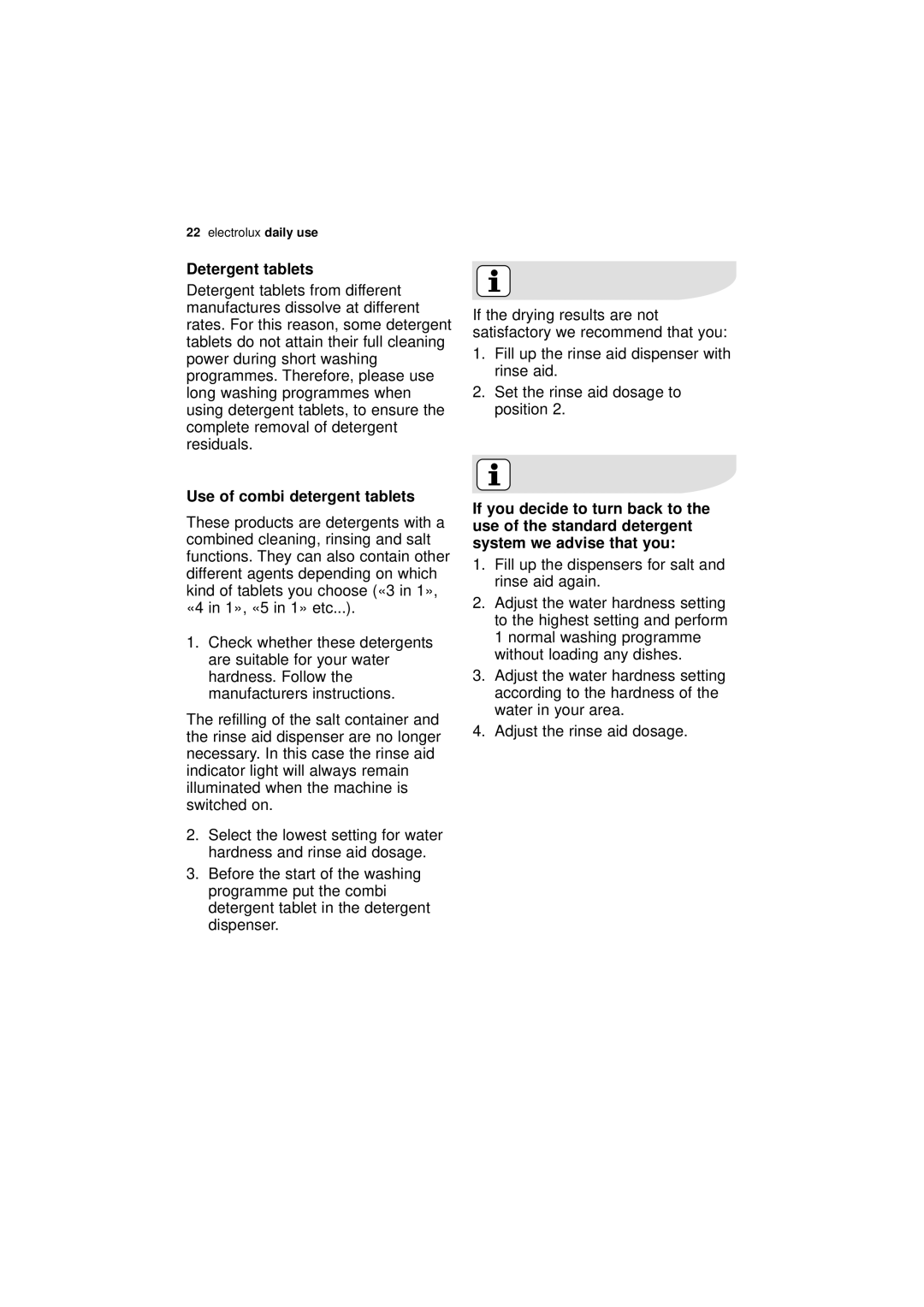 Electrolux ESI 63010 user manual Detergent tablets, Use of combi detergent tablets 