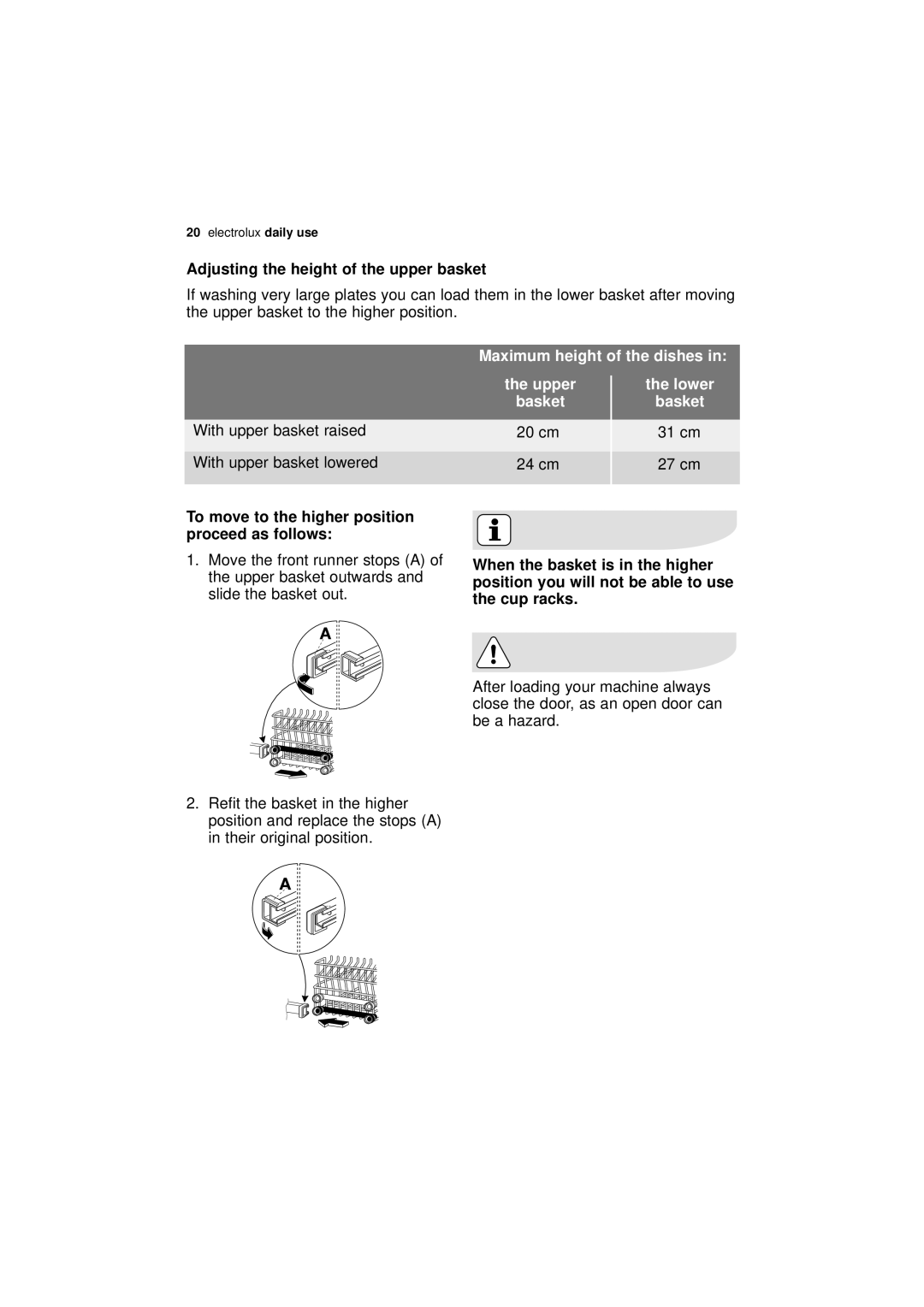 Electrolux ESI 63010 user manual Adjusting the height of the upper basket, the lower 