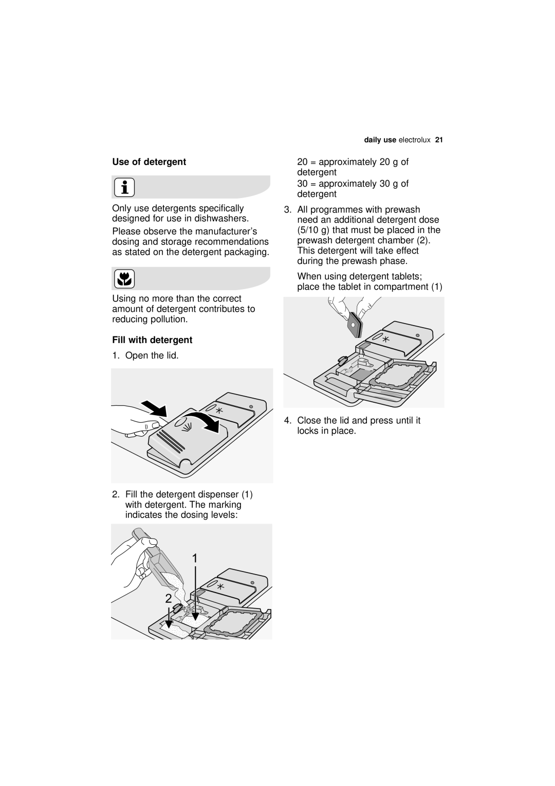 Electrolux ESI 63010 user manual Use of detergent, Fill with detergent 