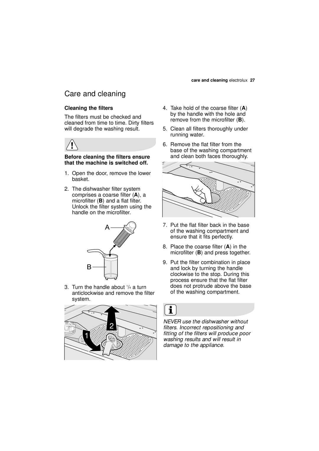 Electrolux ESI 63010 user manual Care and cleaning, Cleaning the filters 