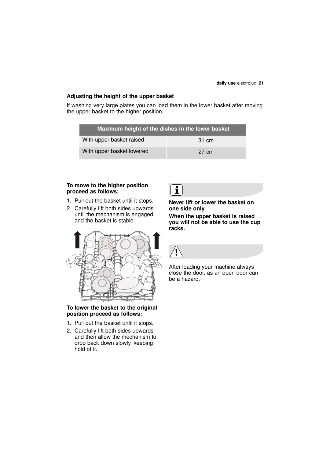 Electrolux ESI 66010 user manual Adjusting the height of the upper basket, Maximum height of the dishes in the lower basket 