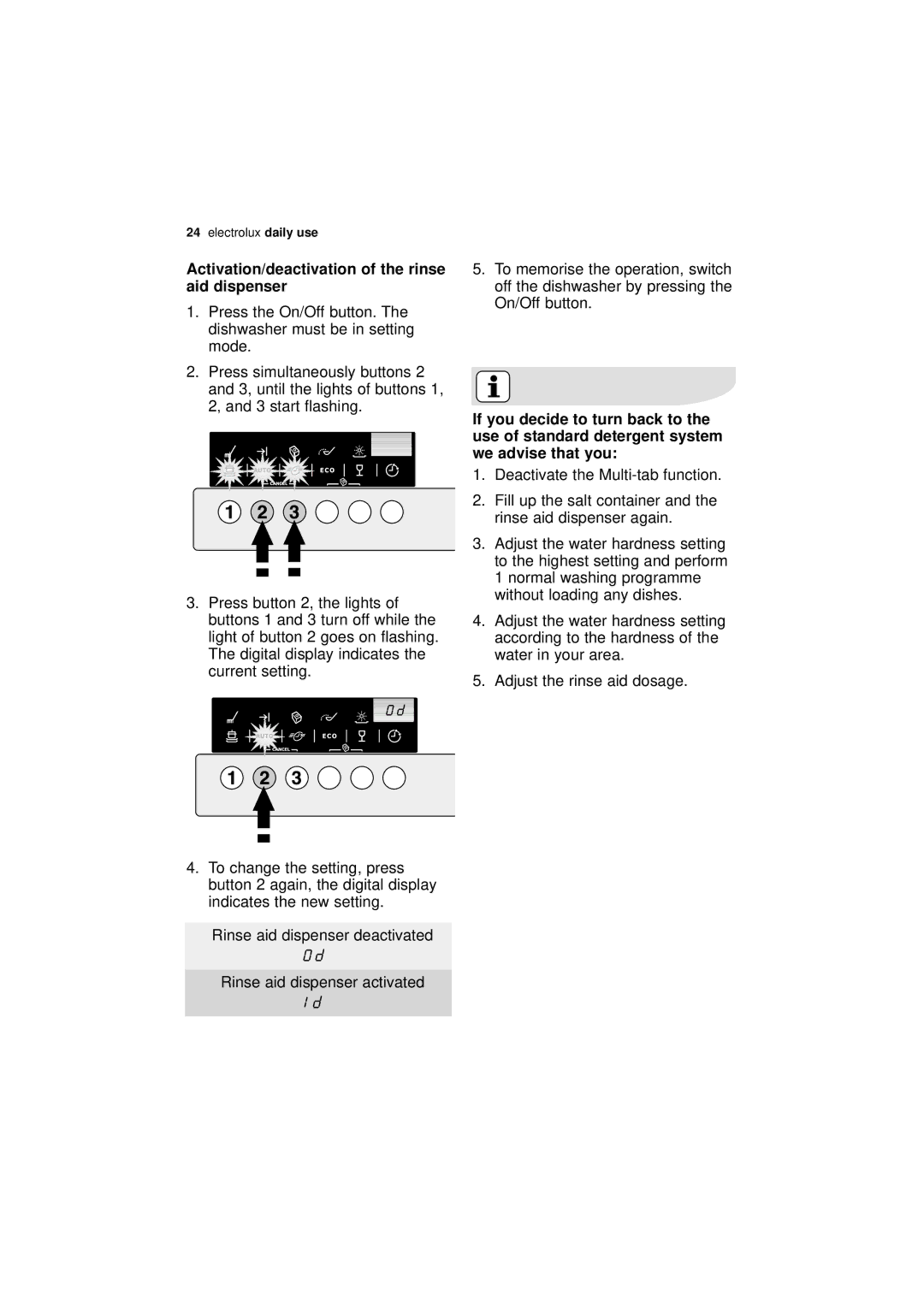 Electrolux ESI 66010 user manual Activation/deactivation of the rinse aid dispenser 